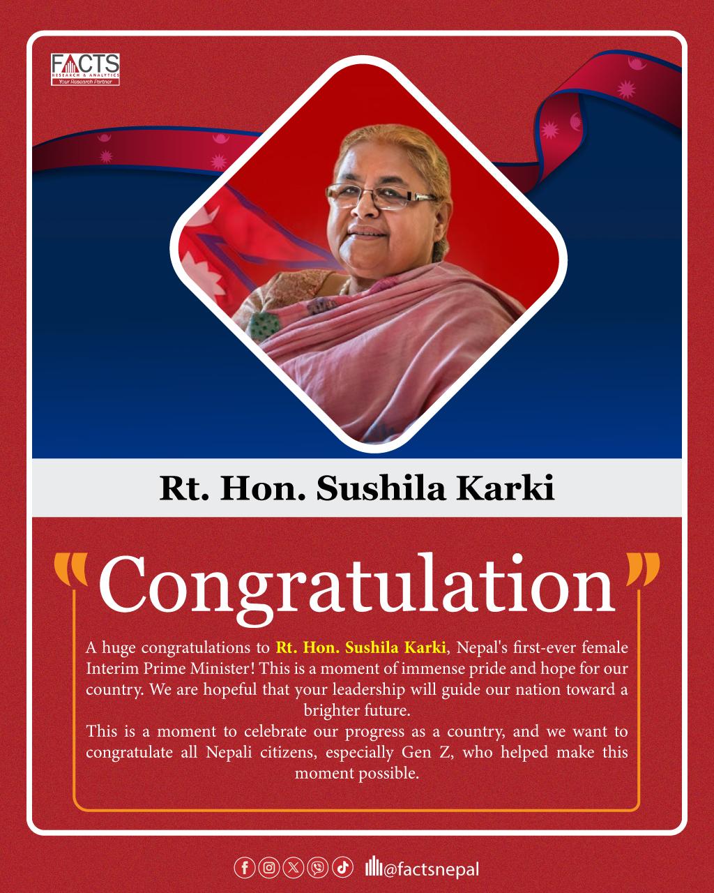 A huge congratulations to Rt. Hon. Sushila Karki, Nepal's first-ever female Interim Prime Minister!